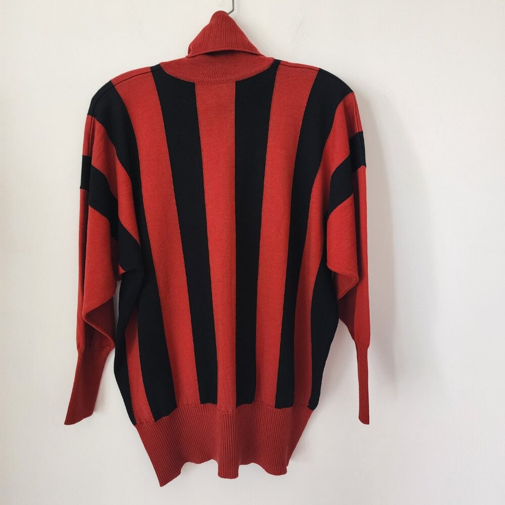 Vintage Jaeger Black Red Striped Dolman Sleeve Wool Turtleneck Sweater - Picture 2 of 6